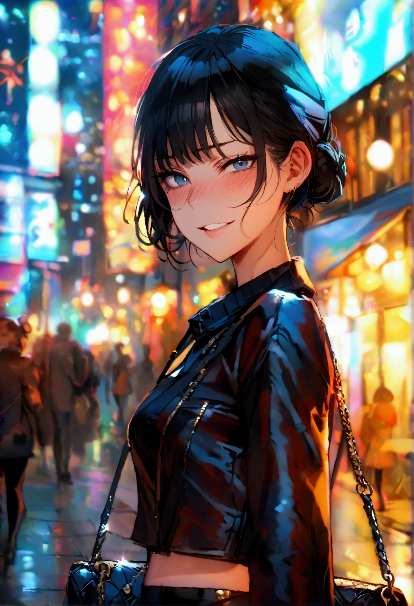 masterpiece, best quality 1girl, solo, beautiful woman, bangs, black hair, short hair, women's bun, dark blue eyes, deep blush, grin, medium breasts, black turtle neck sweeter, short black skirt, plated skirt, louis vuitton handbag, looking at viewer, street background