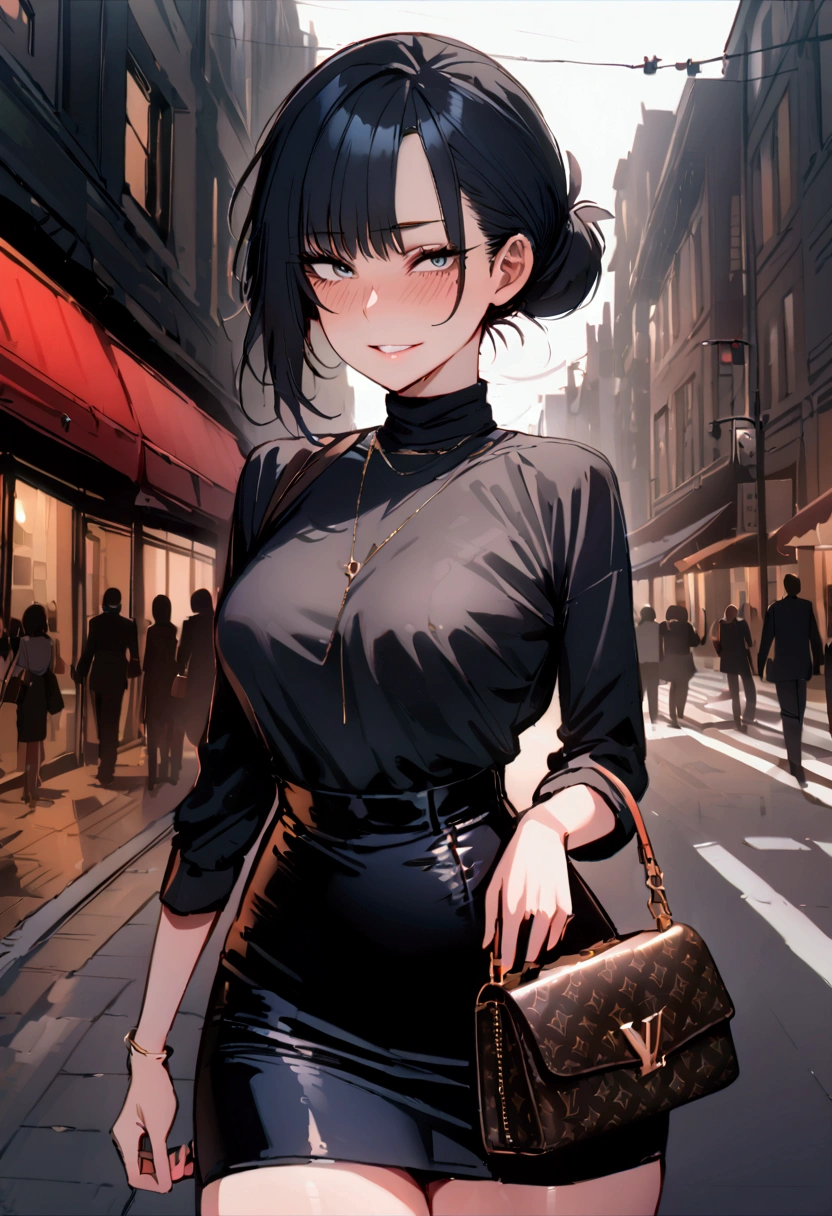 masterpiece, best quality 1girl, solo, beautiful woman, bangs, black hair, short hair, women's bun, dark blue eyes, deep blush, grin, medium breasts, black turtle neck sweeter, short black skirt, plated skirt, louis vuitton handbag, looking at viewer, street background