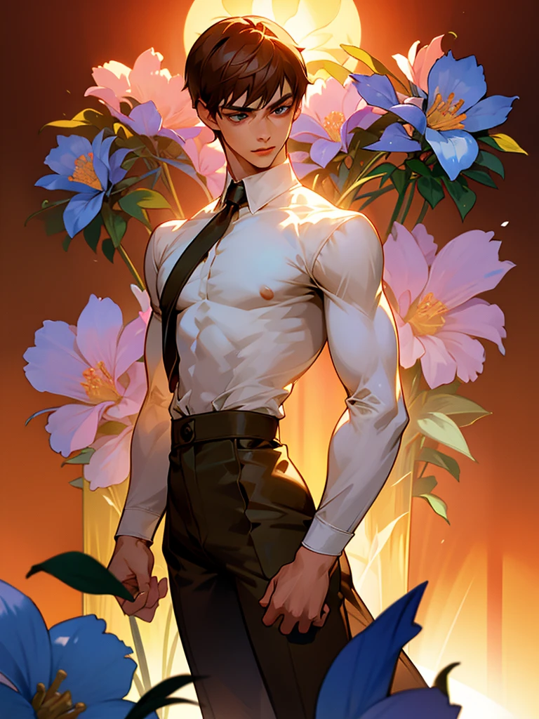 1 young teen boy, detailed boy, muscular boy, brown hair, blue eyes, twink, small waist, big arms, chiseled abs, big voluptuous chest, body wrapped in beautiful flower vines, see-through clothes, floral scene, sunset beautiful floral field, high quality, detailed, 3d, vines wrap around legs arms and body, flower in ear, flower on crotch