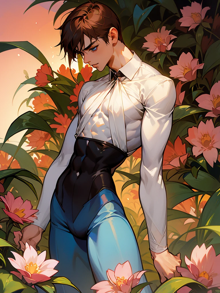 1  boy, detailed boy, muscular boy, brown hair, blue eyes, twink, small waist, big arms, chiseled abs, big voluptuous chest, body wrapped in beautiful flower vines, see-through clothes, floral scene, sunset beautiful floral field, high quality, detailed, 3d, vines wrap around legs arms and body, flower in ear, flower on crotch