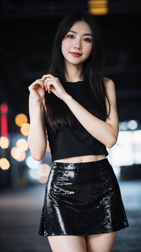 a Chinese woman with beautiful Delicate eyes, Beautiful and delicate lips, Extremely detailed face and skin, Pale skin, 23 years old,gentle,sweet,Smile, black sequined skirt, skirt, high heels, medium long shot, dancing in the dance hall, beautiful lights, sexy figure, long legs, full body portrait. Beautiful photography,Long eyelashes, Good anatomy , Practical skin texture, Delicate eyes, professional, 4K, Wide-angle lens, Optical Depth of Field, Kodak Vision Color, Perfectly proportioned body, Extremely detailed, ultra-photoPractical, Practical, Post-Processing, Maximum details, Roughness, real life, ultra -Practical, Photorealism, photography, 8k Ultra HD, photography