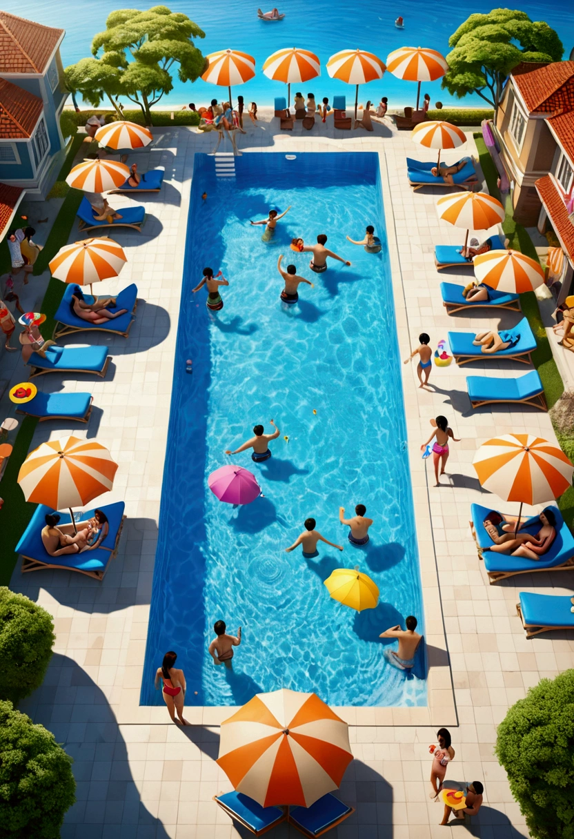 (Pool parties, people), lively pool, funny, full body, (Photography), panoramic view, award-winning, cinematic still, emotional, vignette, dynamic, vivid, (masterpiece, best quality, Professional, perfect composition, very aesthetic, absurdres, ultra-detailed, intricate details:1.3)