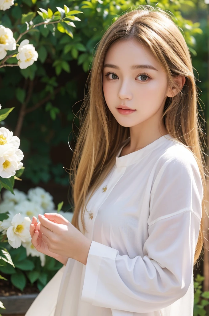 1girl,cute,face,brownish blonde hair,white shirt tunic,garden background,morning