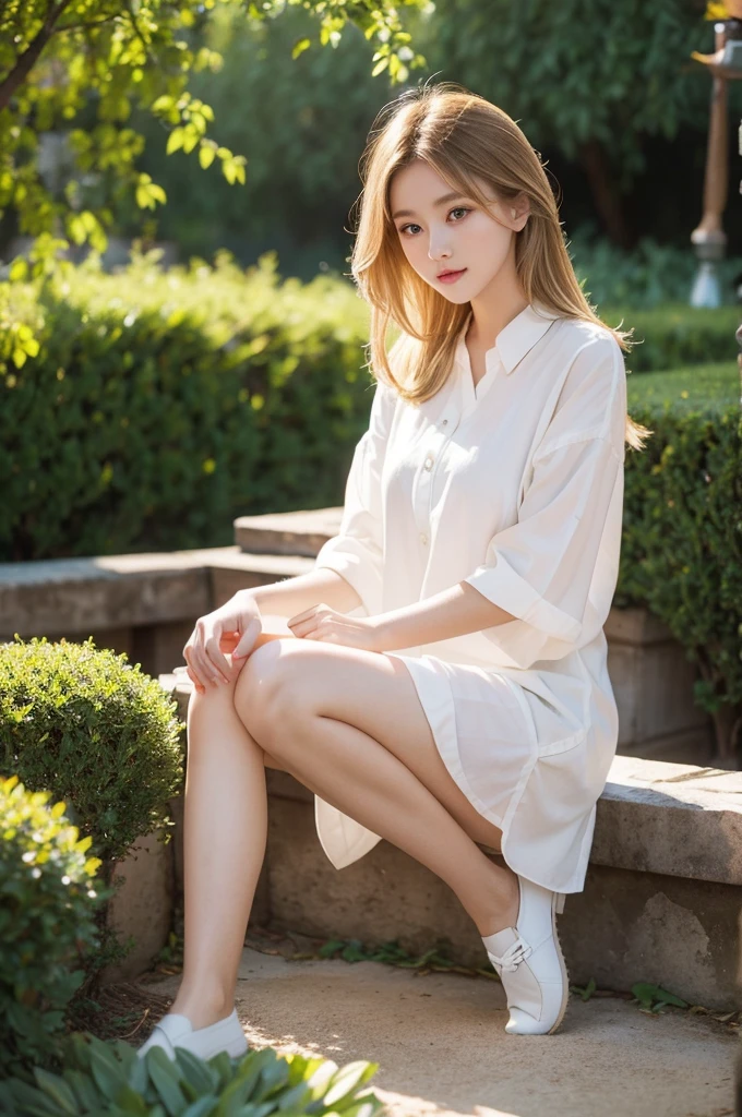 1girl,cute,face,brownish blonde hair,white shirt tunic,garden background,morning