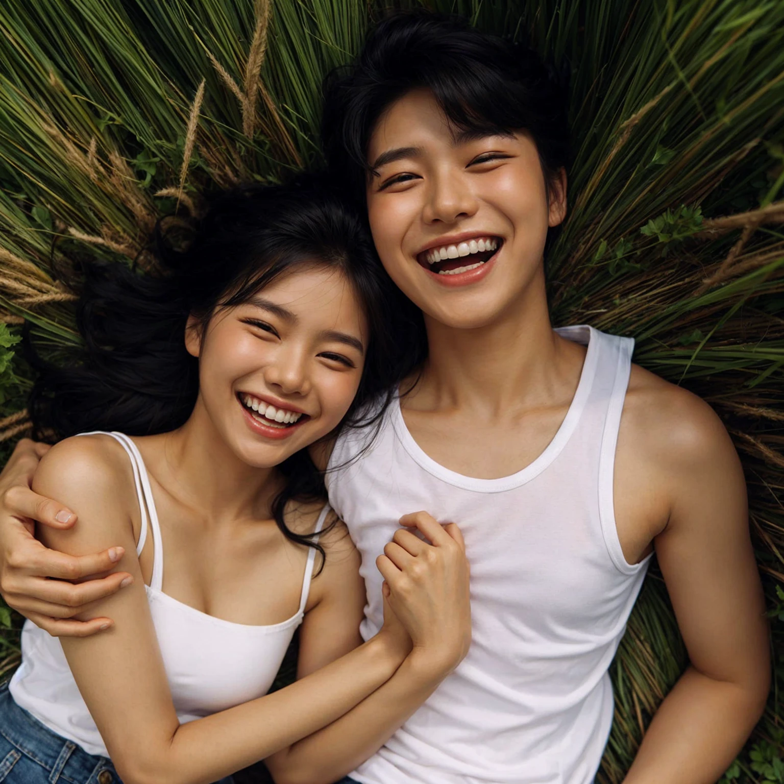 Romantic. a young indonesian woman, laugh cheerfully. wearing white tanktop. slightly chubby. lying on a pile of Among the lush grass. beautiful. beside her there is a young korean man. romantic hug