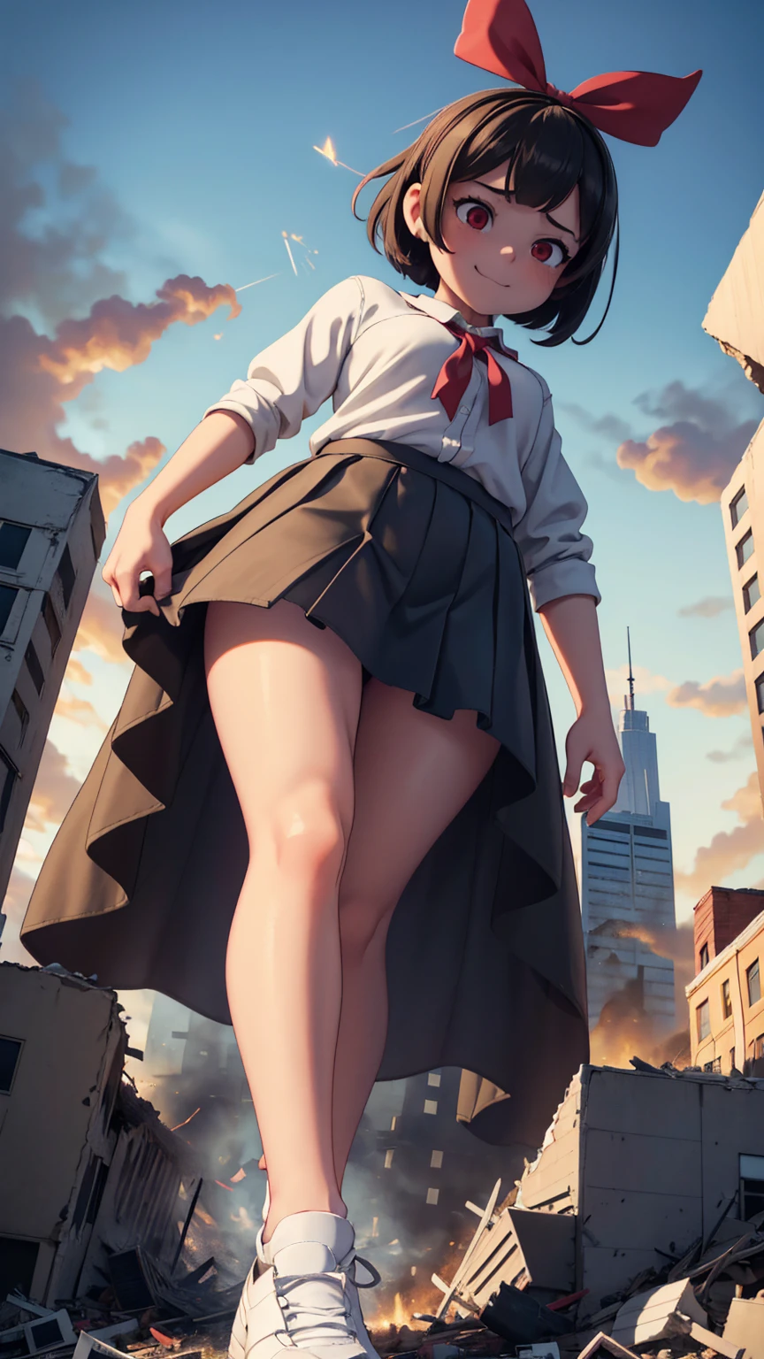 （Giantess Elements、High resolution、High resolution、high quality、accurate body structure、Detailed body）Towering Giant Girl, 50,000 feet high、Looking up at the approaching woman from below、Giants attack the city、Cute Woman、Destroy a small town淫乱な女性、Destroy a small town、Mischievous look、Swing your legs up、high school girl、White shirt、Check skirt、ribbon、Glowing Skin、Giantess、smile、Trampling buildings、rubble、Burning Small Town、Destroyed small building、Spooky sky、hell、Collapsed highway、Cars are crushed、Residents evacuated、sunset、Burning Small Town、go ahead、walk、Trampling、Anatomically correct、Accurate human body、Accurate skeleton、Full body portrait、Bob Hair、Black Hair、Red eyes、足元に散らばるrubble、Higher than skyscrapers、Big impact、amazing、Giantess Elements、Draw a woman in a big way、Increase the destructive element、Making cities smaller