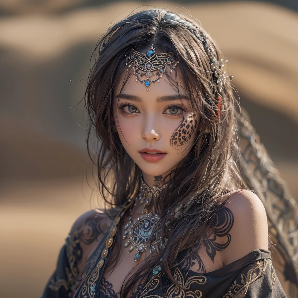 Hiding in the desert、Hair flow、 ((highest quality、masterpiece、8k、Best image quality、Ultra-high resolution、Award-winning works)、(Accurate anatomy:1.1)、(Look at me and smile:1.1)、Shining fair skin with Ultra-high resolution、The most detailed face、Ultra-high resolution detailed face、Ultra-high resolution hair、(Ultra-high resolutionのeyes :1.1)、Beautiful face drawn in every detail、(Blurred Background:1.1)、Ancient Islamic clothing, Chest to chest, tattoo, Old ruins in the background、Black leopard