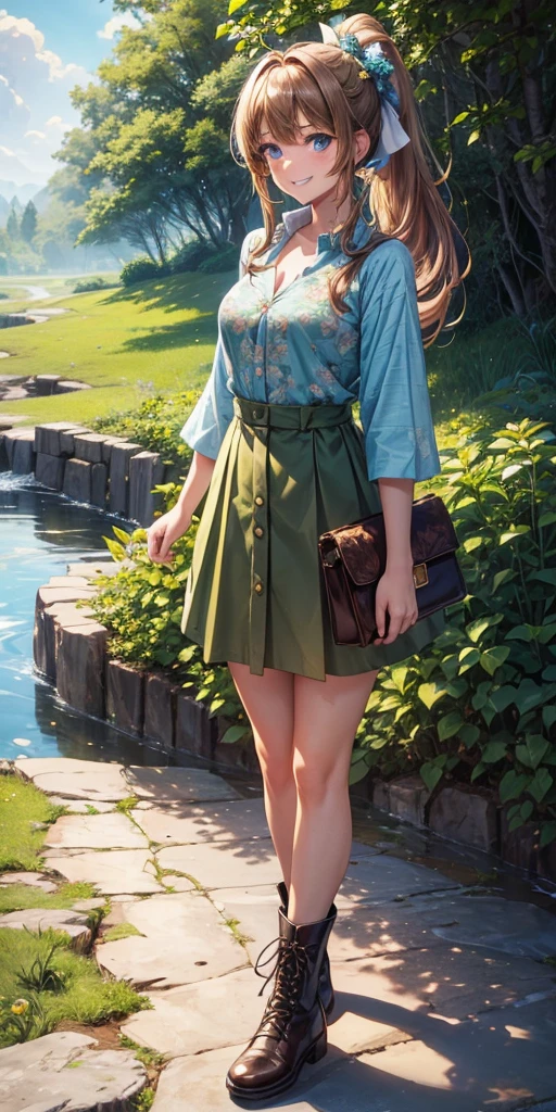 1girl, solo, ((full body)), rural landscape, stream, trees, sun, clouds, fantasy, hut, mushroom, path, chestnut hair, ponytail, long hair, large breasts, button down shirt, ((green floral pattern shirt)), ((short sleeved shirt)), ((unbuttoned shirt)), unbuttoning buttons, cleavage 1:3, blue eyes, dark skirt, brown boots, smile, looking at the viewer, standing, hair ribbon, golden necklate