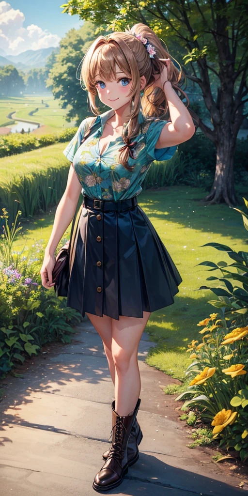 1girl, solo, ((full body)), rural landscape, stream, trees, sun, clouds, fantasy, hut, mushroom, path, chestnut hair, ponytail, long hair, large breasts, button down shirt, ((green floral pattern shirt)), ((short sleeved shirt)), ((unbuttoned shirt)), unbuttoning buttons, cleavage 1:3, blue eyes, dark skirt, brown boots, smile, looking at the viewer, standing, hair ribbon, golden necklate