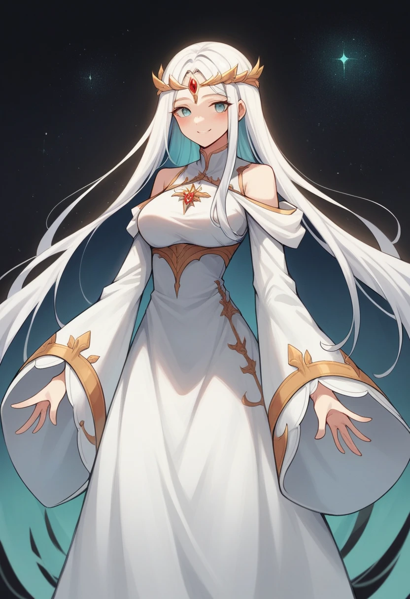 masterpiece, best quality, julia fe, 1girl, solo, long hair, looking at viewer, blush, smile, negative space, (bioluminescence:1.2), darkness, dark background, long sleeves, dress, bare shoulders, medium breasts, very long hair, wide sleeves, cape, white dress, circlet