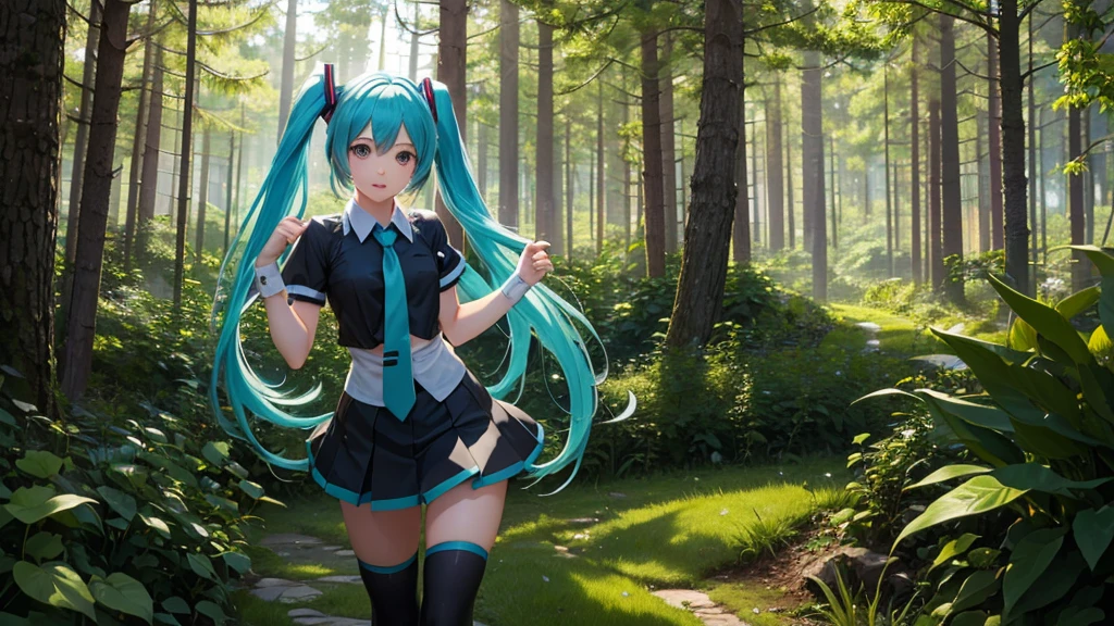 a girl who closely resembles the character Hatsune Miku poses for a photo next to a fox in a magical forest
