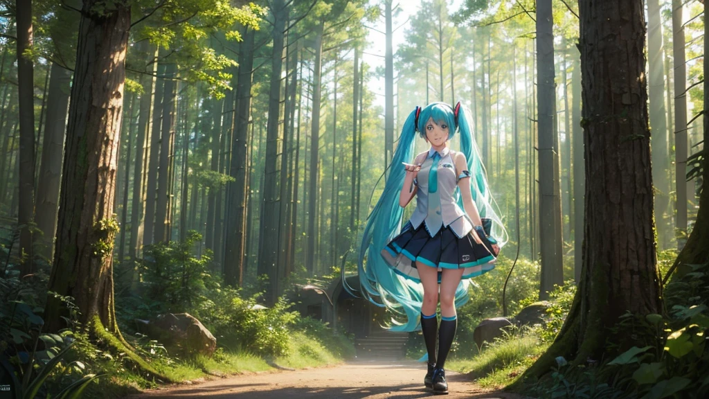a girl who closely resembles the character Hatsune Miku poses for a photo next to a fox in a magical forest