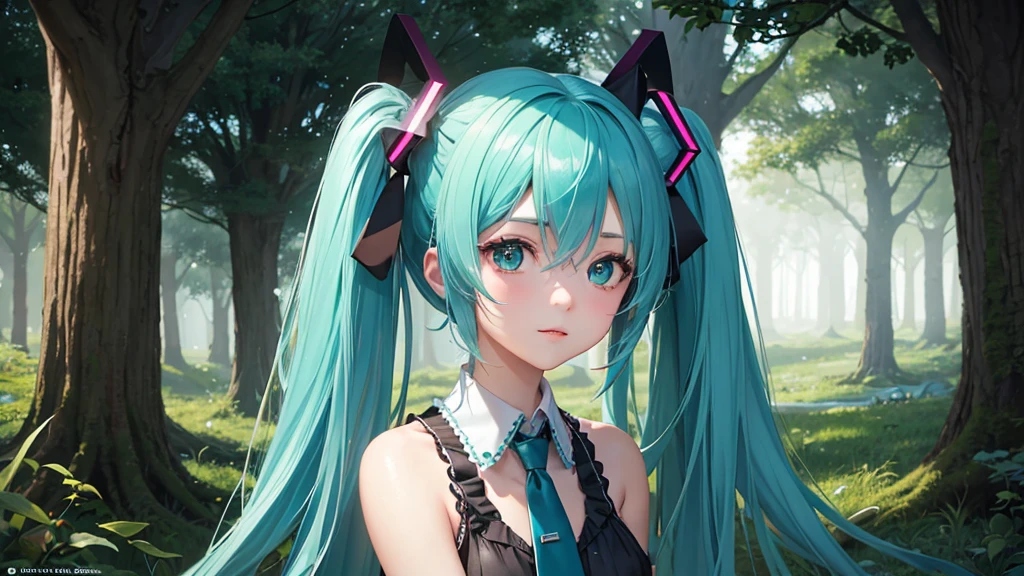 a girl who closely resembles the character Hatsune Miku poses for a photo next to a fox in a magical forest