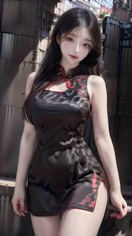 Big chest cheongsam big phoenix eyes,High nose bridge,Sexy red lips black high heels black garter stockings