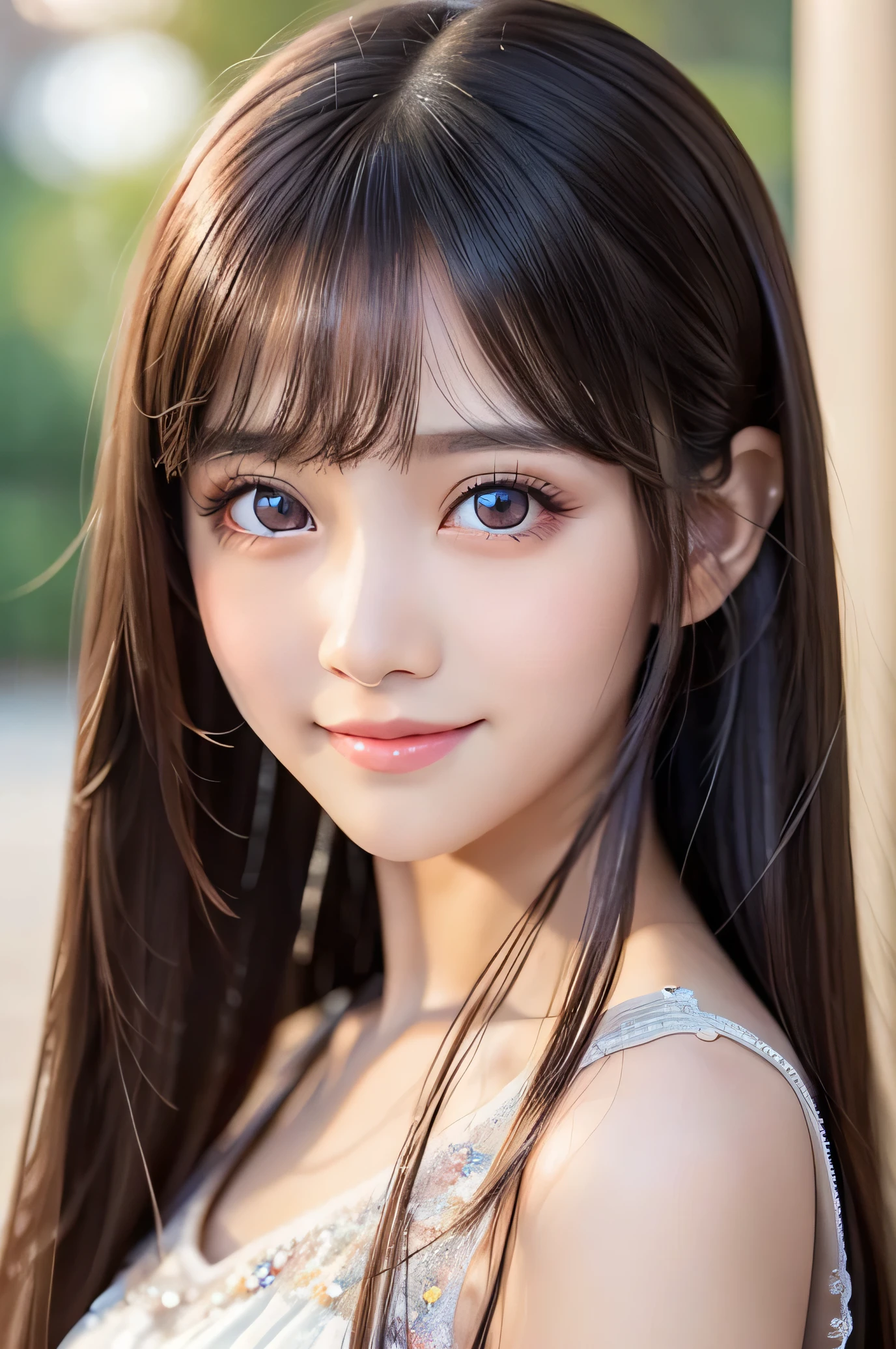 (Very beautiful pretty girl), (very pretty face:1.2),10 yo, (sparking crystal clear attractive large eyes:1.1), best looks, Beautiful detailed eyes, Detailed double eyelids, (smiling), (realistic photograph:1.2), silky long straight hair,beautiful see-through bangs
