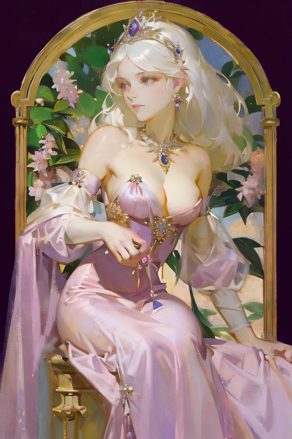 Princess Targaryen, gardens, looks like Jessie Mae Lee, graceful, with loose white hair, in a lilac dress of the 16th century, the fabric of which is studded with diamonds, expressive breasts, beautiful plum-colored eyes, delicate face, hd