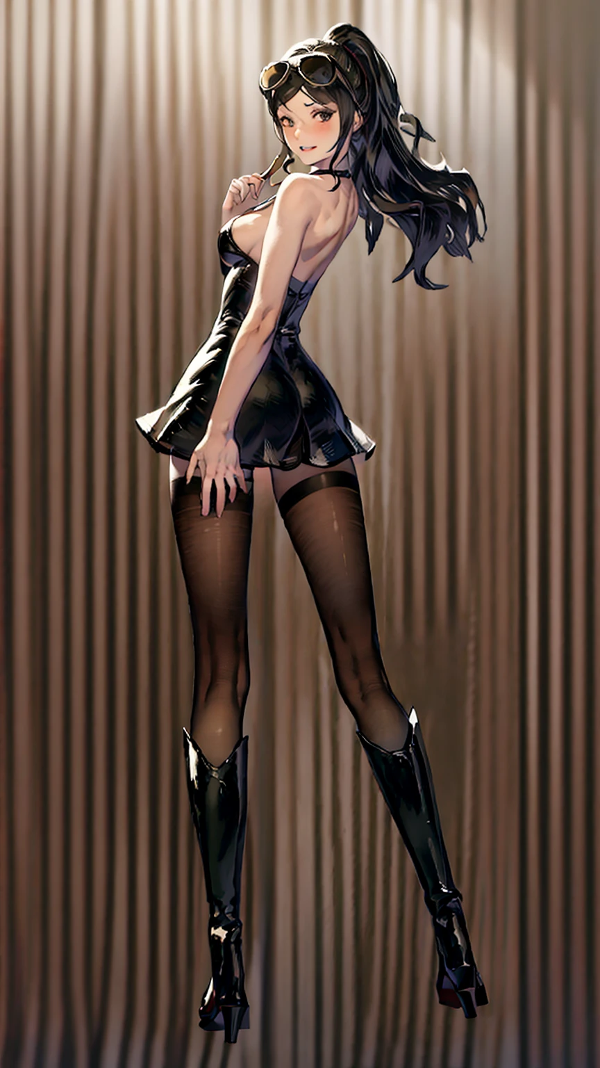 1girl, 独奏, boots, eyewear on head, black hair, dress, high heels, sunglasses, short dress, long hair, looking back, breasts, ponytail, nico robin, Legs，medium_breasts，sideboob，White sheer skirt