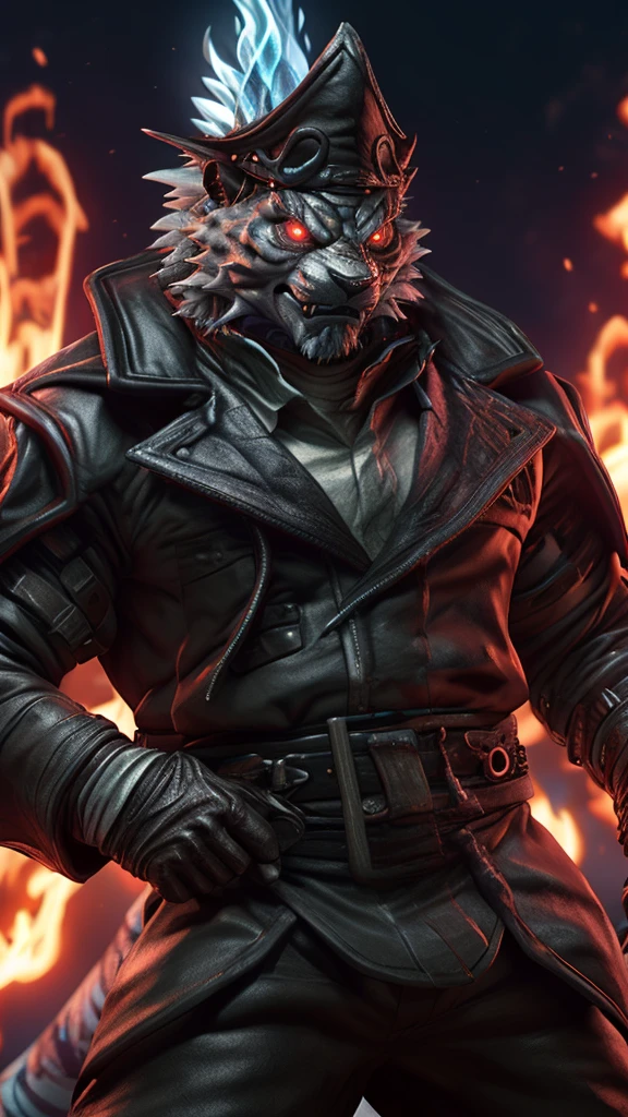 (best quality, 32K 62K, high resolution, masterpiece:1.2), ultra-detailed, (photorealistic:1.37), (the ultimate Orochi Jin Qiu), glowing red eyes, looking at the viewer, detailed facial features, even wearing a outfit very similar to Iori Yagami's, background from The King of Fighters XV, fire background, serious expression on the face blue fire