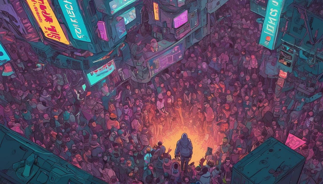 "Create a digital painting in a cyberpunk style of a large crowd seen from above, with one man in the spotlight, levitating from the middle of the crowd, and glowing brightly, featuring (((intricate details))), (((best quality))), (((extremely detailed quality))), and (((complex composition)))." | Related artists: Beeple, Josan Gonzalez, Paul Chadeisson