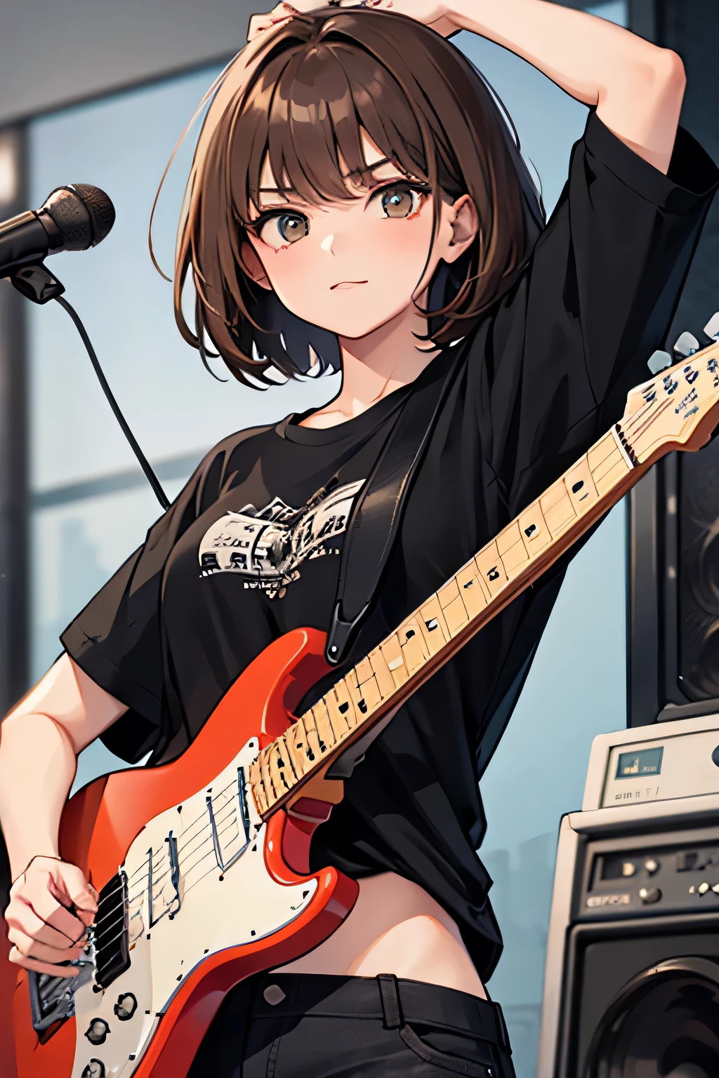 One Girl，Brown Hair，short hair，Black T-shirt，Rock Music