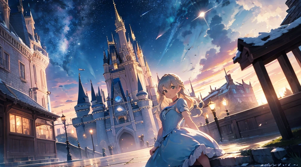 Cinderella、Castle、12 o&#39;clock midnight、large staircase、駆け降りるCinderella、The chasing prince、One of the glass slippers has fallen off