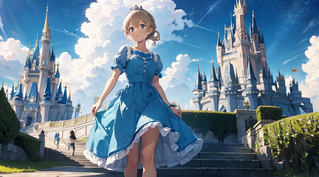Cinderella、Castle、12 o'clock midnight、large staircase、駆け降りるCinderella、The chasing prince、One of the glass slippers has fallen off