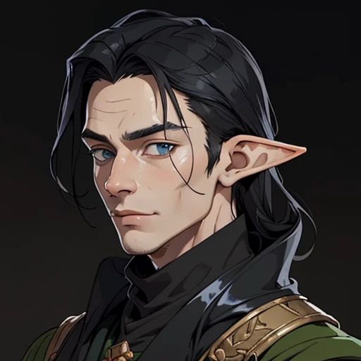 (masterpiece), (best quality),(portrait),(bust up),1boy,solo,(sharp focus),((look at viewer)),elf, elf priest,(loki),adult, (ancient:1)elf, elf ranger,(black hair),adult, (ancient:1),),ancient luxurious long clothes,old school fantasy art,((simple background)),super shiny face,Ultra Glossy Skin