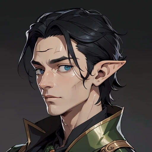 (masterpiece), (best quality),(portrait),(bust up),1boy,solo,(sharp focus),((look at viewer)),elf, elf priest,(loki),adult, (ancient:1)elf, elf ranger,(black hair),adult, (ancient:1),),ancient luxurious long clothes,old school fantasy art,((simple background)),super shiny face,Ultra Glossy Skin