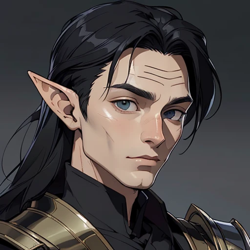 (masterpiece), (best quality),(portrait),(bust up),1boy,solo,(sharp focus),((look at viewer)),elf, elf priest,(loki),adult, (ancient:1)elf, elf ranger,(black hair),adult, (ancient:1),),ancient luxurious long clothes,old school fantasy art,((simple background)),super shiny face,Ultra Glossy Skin
