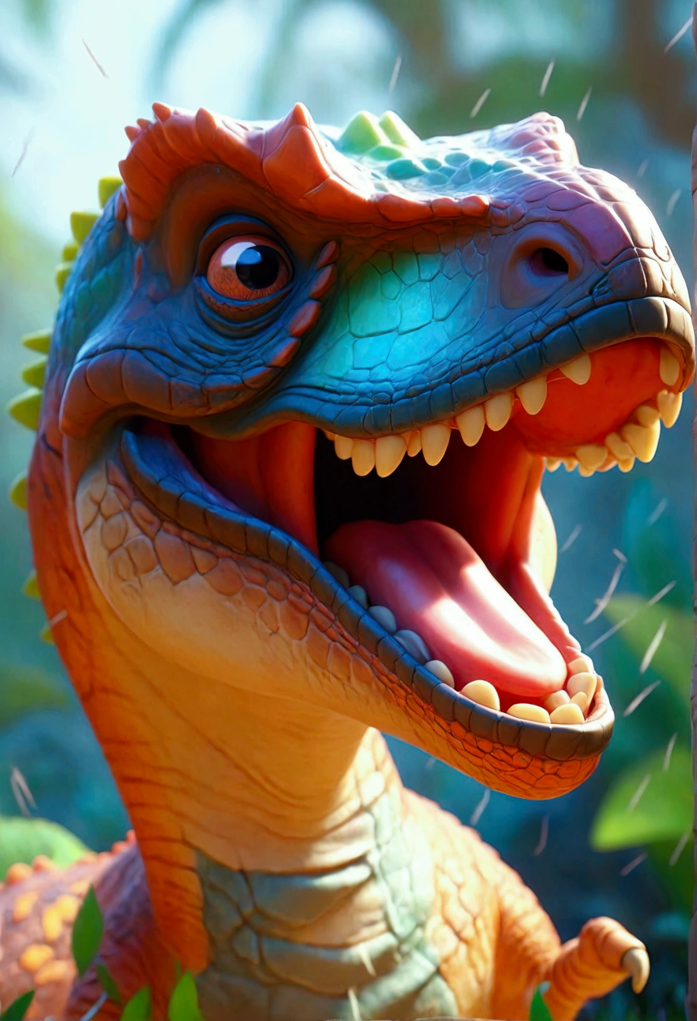 make a thumbnail to generate a pixar 3d animation Image of a friendly dinosaur roaring with joy. high definition, disney stly, 8k, ultra hd style