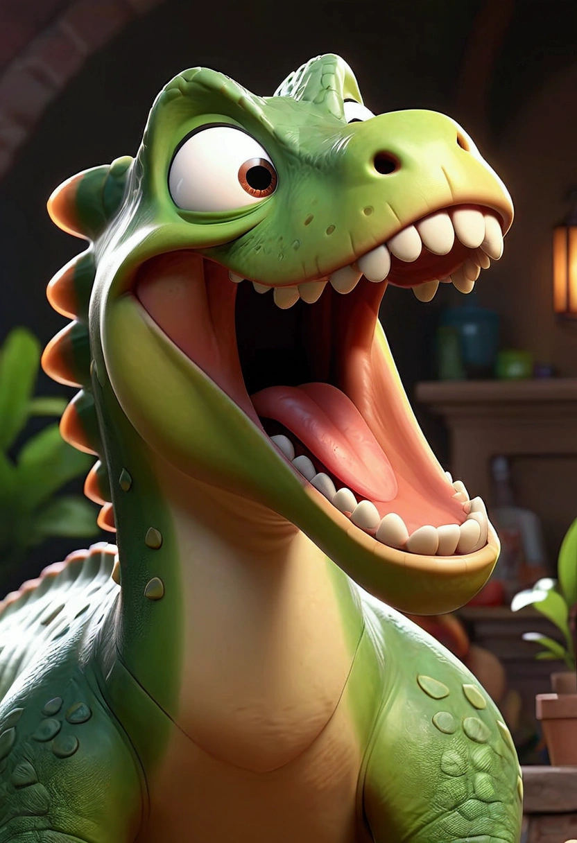 make a thumbnail to generate a pixar 3d animation Image of a friendly dinosaur roaring with joy. high definition, disney stly, 8k, ultra hd style