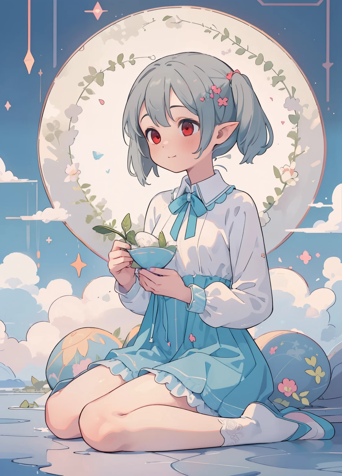 (masterpiece、Highest quality、Highest quality、Official Art、Beautiful and beautiful:1.2)、(One girl:1.3)Hatsune Miku、Twin tails,Beautiful breasts, (masterpiece, Highest quality), Intricate details,
One girl, Sylphyette NDV, One girl, Gray Hair, Red eyes, Medium chest, short hair, Pointed Ears, Fairy
