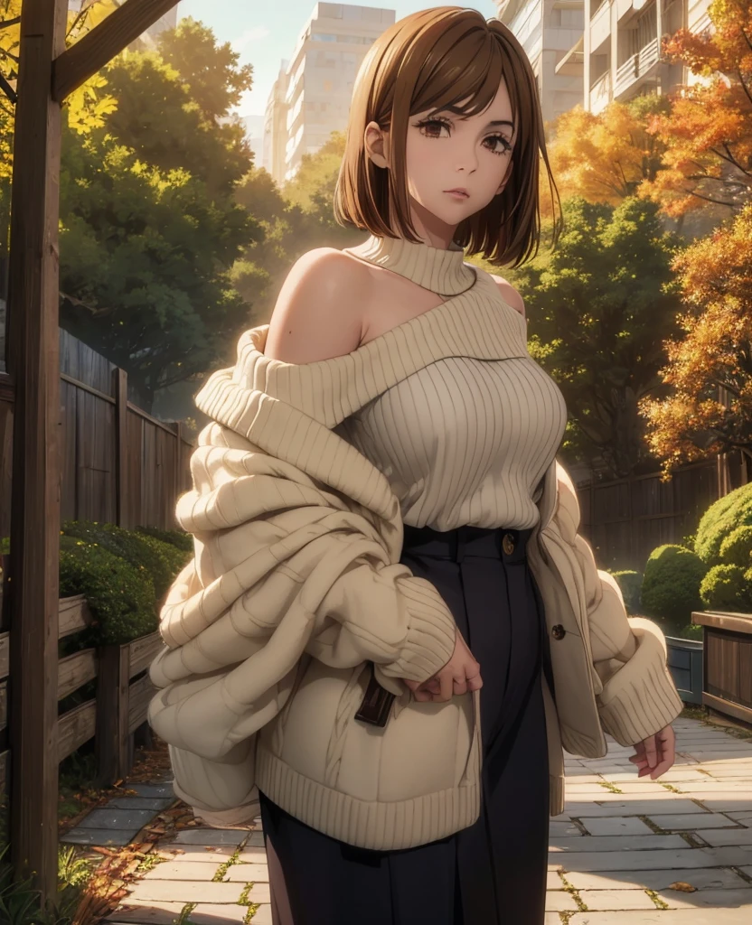 (8K, best quality, masterpiece:1.2), (realistic, photo-realistic:1.37), ultra-detailed, 1 girl, Nobara Kurosawa, natural triple D cup breasts, prominently displayed due to off-shoulder sweater, bubbly ass and round buttocks accentuated by the autumnal city setting, 19 years old, (fall colors:1.2), (leafy trees and rustic tones:1.3), (brown hair:1.1), (long bangs:1.1), (natural makeup:1.2), (flushed cheeks:1.1), (closed mouth:1.1),