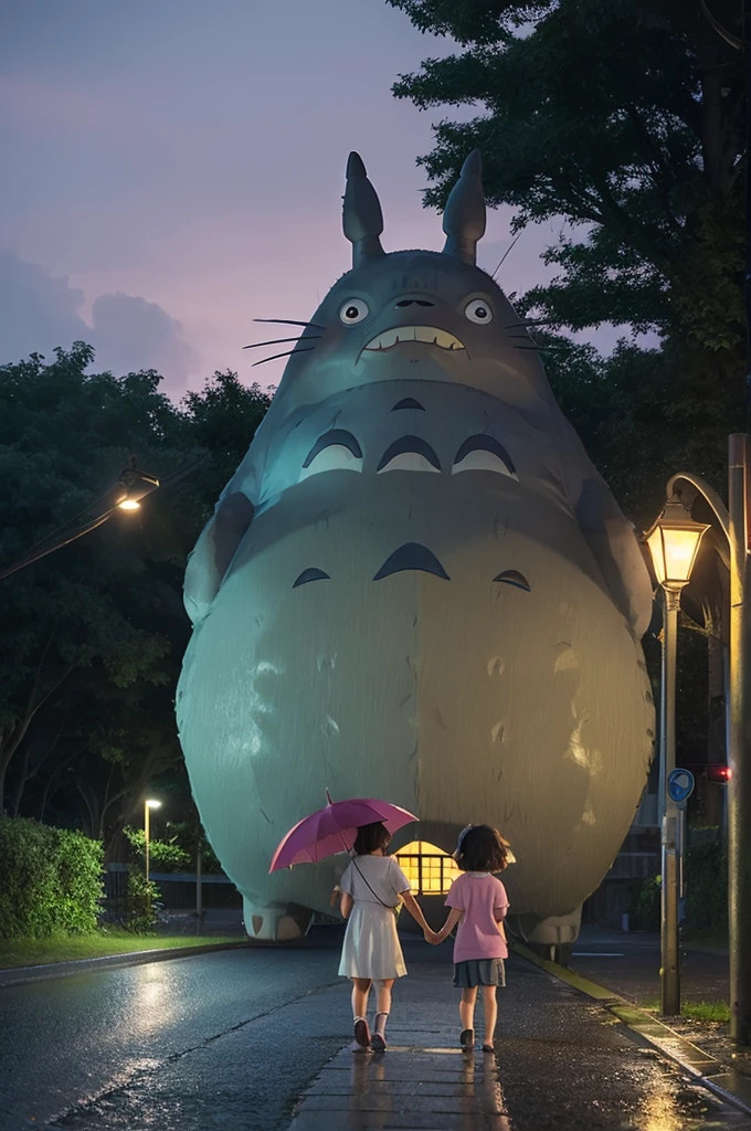Big Totoro, Ghibli, realistic, hairy, night, raining, umbrella, unpaved road, puddle on the road, bus stop, 11 year old girl and 4 year old girl in a piggyback