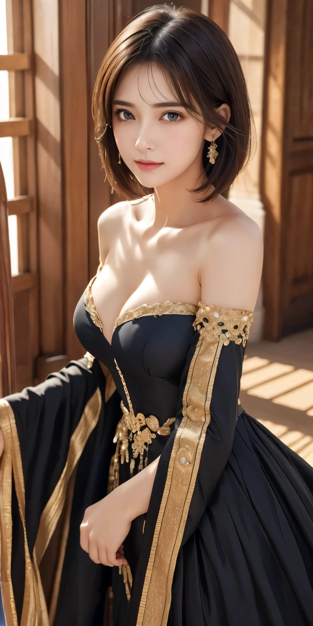 Photorealistic、Highest quality、Highest quality、masterpiece、Ultra-high resolution、Raw photo、Realistic、Bright lighting、Face Light、Smooth Professional Lighting、Looking at the camera、alone、Adult women、Beautiful woman、Super Beauty、Realistic肌、Moisturized Skin、Realistic eyes and faces、Perfect model body shape、Beautiful Eyes、Big eyes、Inconspicuous tear bags、slim、Big Breasts、No bra、No makeup、Very short hair、Black Hair、Black Eye、looks fun、The ears are hidden in the hair、Royalty、noble、Gorgeous costumes、Gorgeous embroidery、Gorgeous dress、Glamorous Dress、Dance、palace