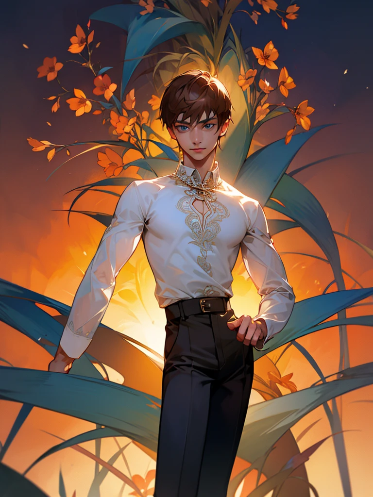 1 young teen boy, detailed boy, muscular boy, brown hair, blue eyes, twink, small waist, big arms, chiseled abs, big voluptuous chest, body wrapped in beautiful flower vines, see-through clothes, floral scene, sunset beautiful floral field, high quality, detailed, 3d, vines wrap around legs arms and body, flower in ear, flower on crotch