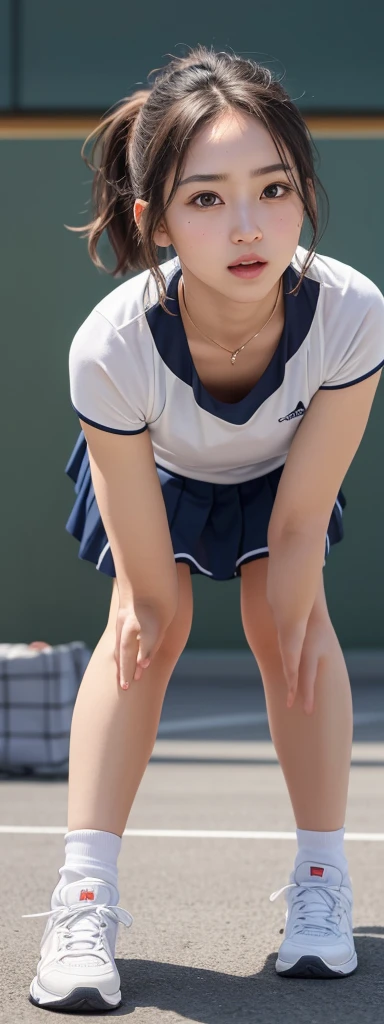 One Girl,(1人のとてもcute女の子,Golden Ratio:1.3),masterpiece,Highest quality,High resolution,From below,whole body,Photorealistic,RAW Photos,Ray Tracing,beautiful girl,(:1.3),cute,Big eyes,(detailed pupils:1.2),(The face is facing forward:1.3),Cute nose,Beautiful nose,Upturned nose,Fuller lips,Short brown hair,ponytail,short hair,Detailed eyelashes,Thin eyebrows,Very fine grain definition,(Symmetrical eyes:1.3),(whole bodyショット,Whole body:1.0),Small breasts,Short neck,Beautiful feet,Slender and slender legs,White socks,Tennis Wear,Pleated skirt,Tennis shoes,People emerge,Dark Background,Portrait,View Viewer,Lift your chin,Stand up straight,A dreamy look,Ecstatic expression,Cinema Lighting,Soft Light,Very detailed