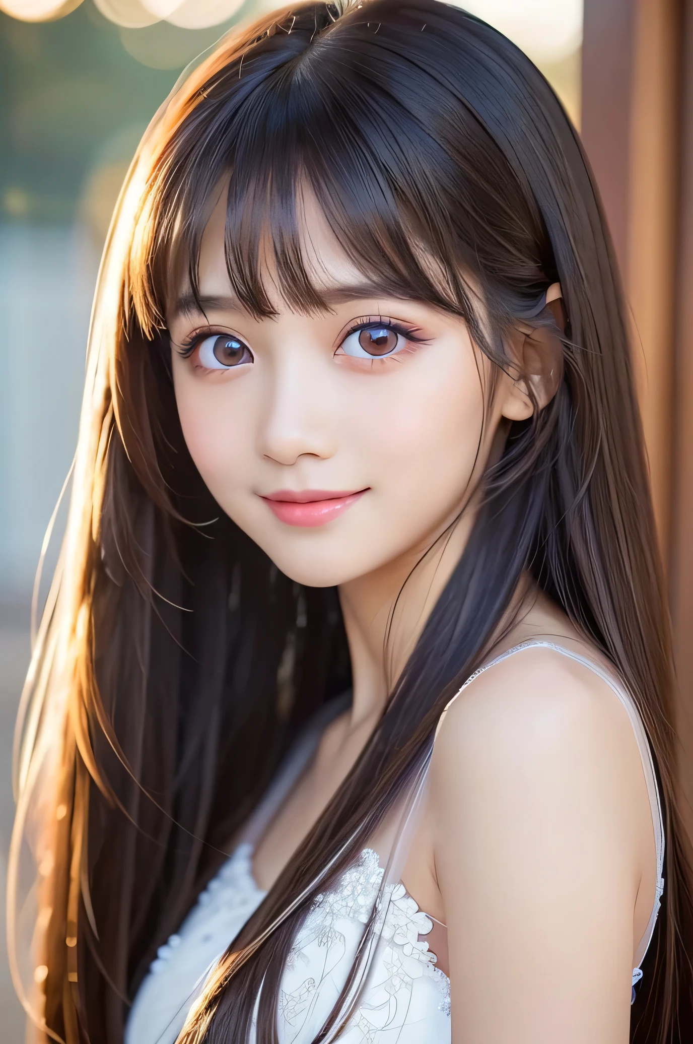 (Very beautiful pretty girl), (very pretty face:1.2),10 yo, (sparking crystal clear attractive large eyes:1.1), best looks, Beautiful detailed eyes, Detailed double eyelids, (smiling), (realistic photograph:1.2), silky long straight hair,beautiful see-through bangs