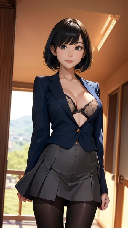 (Browsing Caution:1.3), ((Highest quality, masterpiece, 8K, High resolution, detailed)), ((A photo of a high school girl wearing see-through panties)), ((A high school girl standing with her legs open in black pantyhose)), Blazer uniform, The wind has blown her skirt up, exposing her underwear,  high school girl, Large, firm breasts, Beautiful and distortion-free face, Young and sexy gravure idol, Young and cute gravure idol, Realistic young gravure idol, Young and thin gravure idol, realistic sensual gravure idol, Japanese Goddess, Sexy Girl,(Natural Side Lighting, Cinema Lighting), Written boundary depth, Looking at the audience, Front view, 1 Girl, Asian, 15 years olr)), Perfect Face, Cute symmetrical face, Pale skin, Shiny skin, Asymmetrical bangs, Big eyes, Droopy eyes, Long eyelashes, thin, Beautiful Hair, Beautiful Face, Beautiful and beautiful eyes, Beautiful clavicle, Beautiful body, Beautiful breasts, Beautiful thighs, Beautiful legs, Beautiful fingers, (Beautiful views), evening, Droopy eyes, 