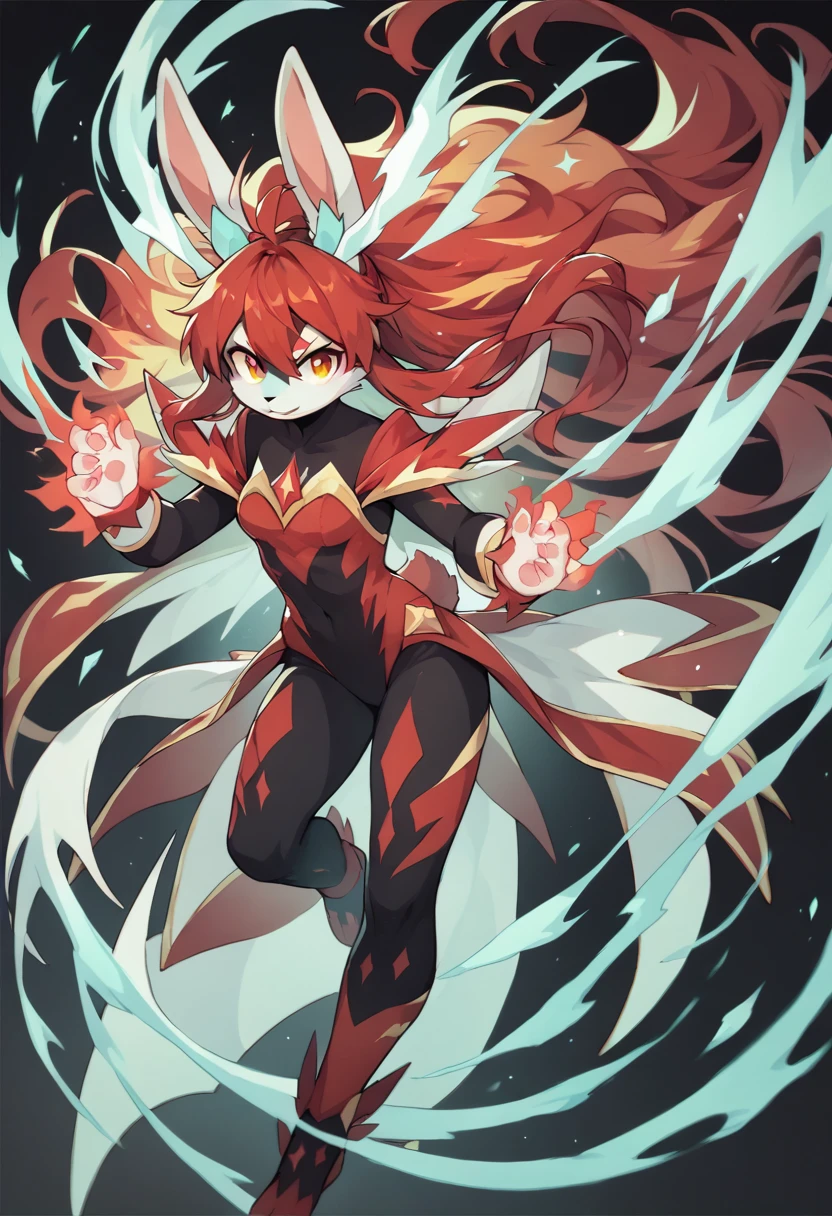 Aur-Urah, the Light Fairy, red hair, aura, huge breas, light body, full body, pants, armor, pullover, gloves, full clothed, solo focus, 1girl