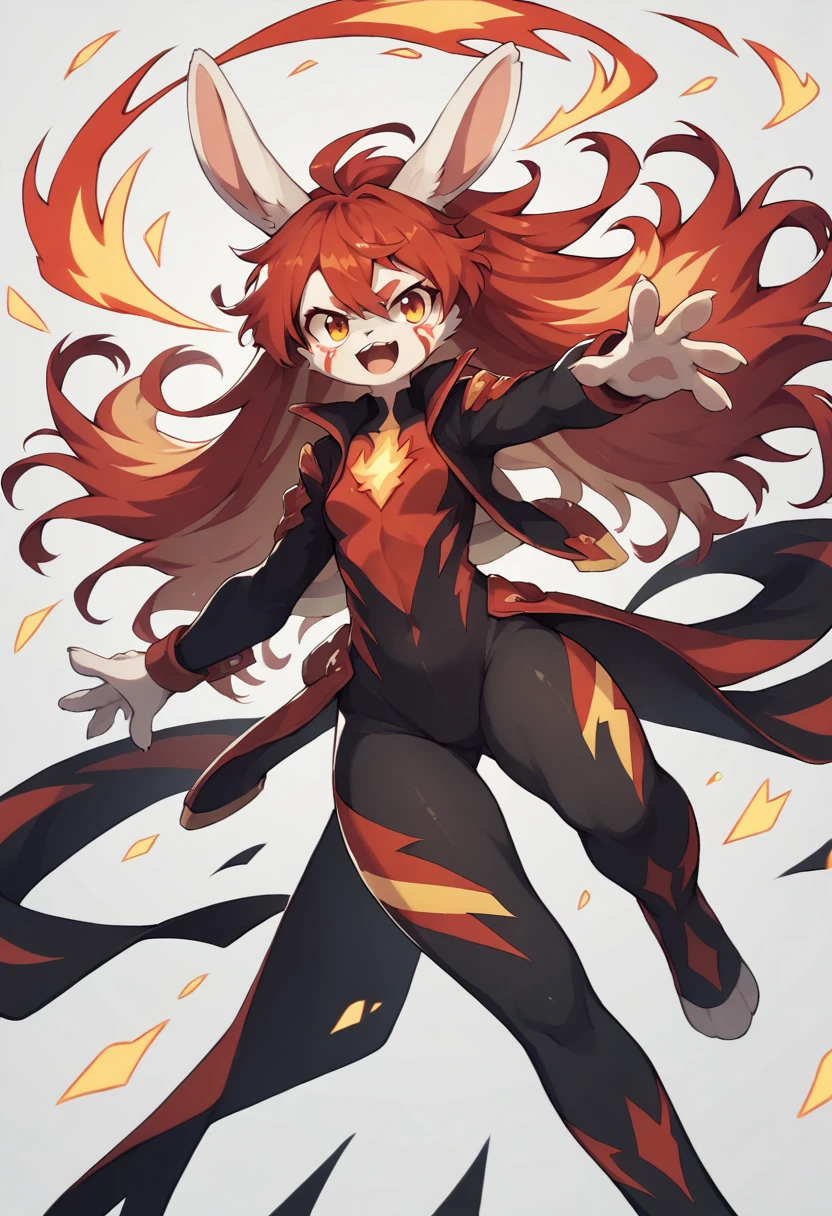 1girl furry,bunny, black and white fur ice power. Fire powsers, red hair dye tips in hair, long hair m