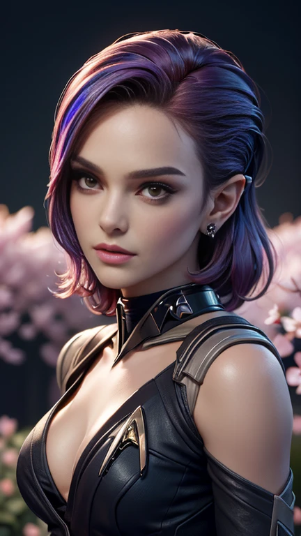 photo of celebrity, RAW, beautiful woman, ((portrait)), ((detailed face, colorful rainbow hair:1.2)), ((detailed facial feature, detailed skin, clear skin, parted lips), (perfect proportioned body, medium breasts, cleavage), (wearing Star Trek sexy clothes. professionally retouched: 1.5)), (high detailed beautiful gardens,The garden is filled Cherry blossoms all over the ground, flowers: 1.3), (realistic photo, best quality, detailed), (8k wallpaper), (cinematic lighting, dramatic lighting) (sharp focus, intricate)