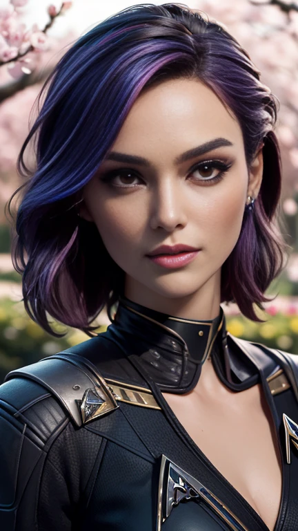 photo of celebrity, RAW, beautiful woman, ((portrait)), ((detailed face, colorful rainbow hair:1.2)), ((detailed facial feature, detailed skin, clear skin, parted lips), (perfect proportioned body, medium breasts, cleavage), (wearing Star Trek sexy clothes. professionally retouched: 1.5)), (high detailed beautiful gardens,The garden is filled Cherry blossoms all over the ground, flowers: 1.3), (realistic photo, best quality, detailed), (8k wallpaper), (cinematic lighting, dramatic lighting) (sharp focus, intricate)