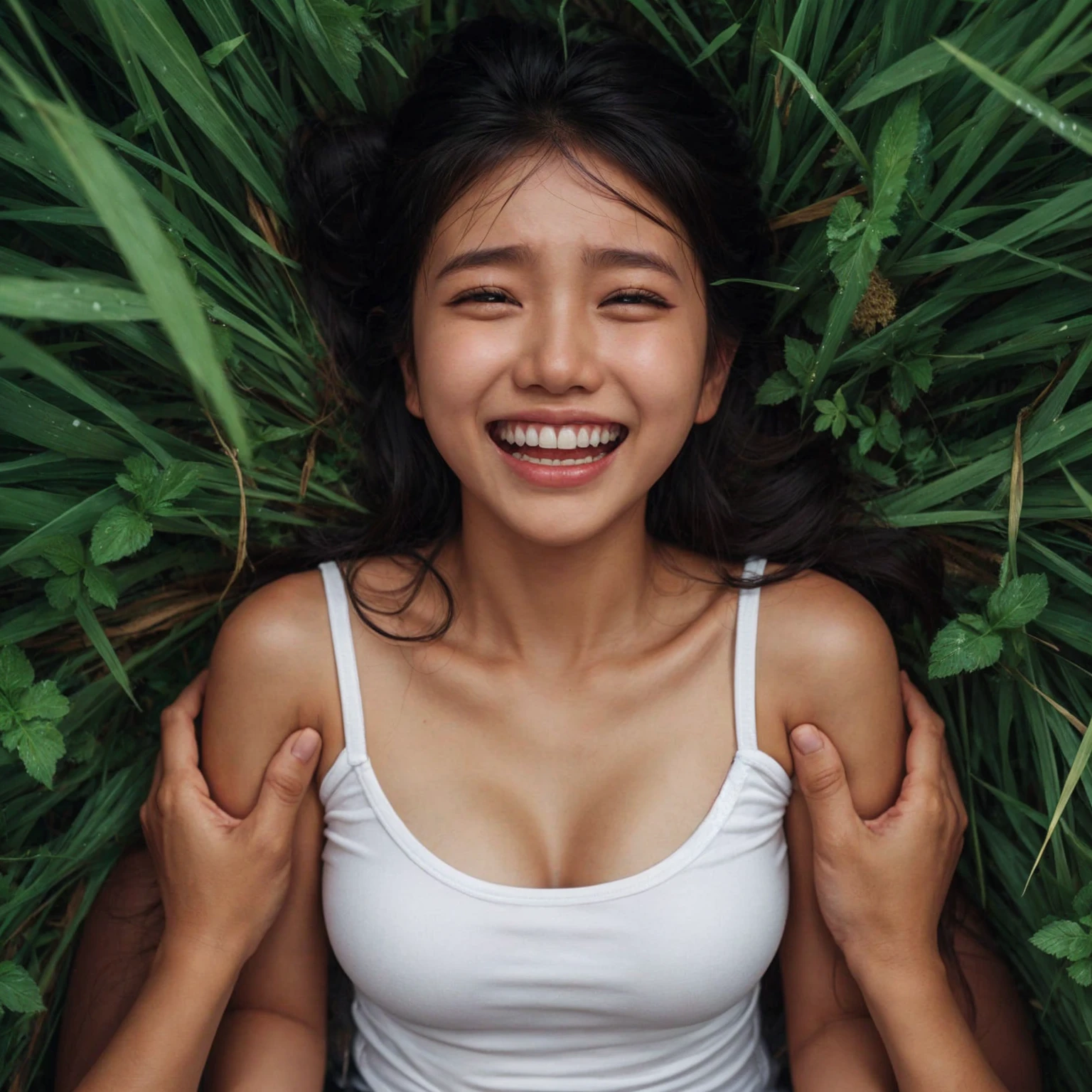 a young indonesian women, cry, face facing upwards. wear a white tanktop. captured from above high angle. lying in a pile of Among the lush grass, a hands holding her shoulders. slightly chubby. cheerfully