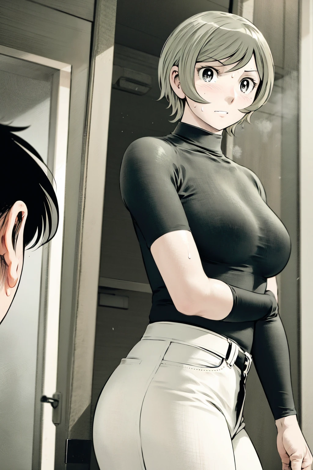 、(masterpiece、Highest quality)、Highest quality, Ultra-high resolution, (((masterpiece))), alone, Sweat、Big eyes,Tight black shirt、Tight white pants、belt、indoor、Composition from the front、（Cut the back hair short、short hair、blonde、woman）、Shortcuts、Embarrassed face、Cut your hair short、可愛いwomanの子、Big Breasts、office