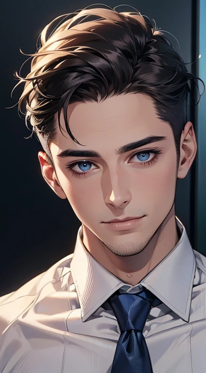 (Highest quality,4K,8K,High resolution,masterpiece:1.2),Super detailed,(Realistic,photoRealistic,photo-Realistic:1.37),1 person,31 years old,Mature Men,Beautiful skin, very handsome,Expressionless,smile in love,Short gray dark hair,blue eyes,Sharp Eyes,A perfect face without a doubt,Businessman, CEO,Office Background,Cinema Lighting,HDR image,tie、