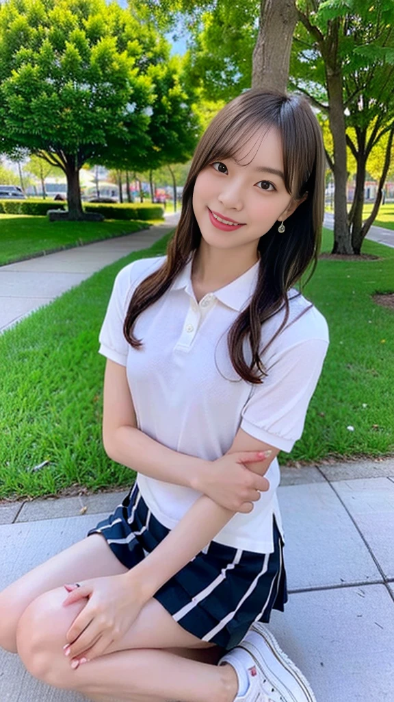 ((Wearing a polo shirt、mini skirt、White sneakers、Converse sneakers:1.2))、(8K、Highest quality、high resolution、High resolution、masterpiece:1.15)、One Woman、 Japanese girl、Japanese Model、((Full body photo、Photograph the whole body))、Pretty woman、Walking in the park in spring、A flowerbed with yellow rapeseed flowers in bloom、Perfect proportions、8th life、Tasteful dress、(Clear photos、RAW Photos:1.3)、Detailed face、Detailed eyes、Dark Brown Hair、Medium Hair、Delicate hair、Looking at me with a smile、Dark gray eyes、Perfect limbs、Anatomically correct、Sunny day in the park、Tokyo in April、((Canon EOS 5D Mark 4とSIGMA Art Lens 85mm F1.4 Shot with DG HSM lens、F-stop 2.4、iso 200、Shutter Speed 2000))、Beautiful feet、Medium breast、Lifelike skin texture、Beautiful Skin、Hair hanging in one ear、Direct your gaze this way、Japanese schoolgirl、e polo shirt、Short sleeve、Long Shot、((Depth))、Portrait、Realistic、Photorealistic、超high resolution、超High resolution、Beautiful teeth alignment、nice smile、Loose wavy hairstyle、Light hairstyle、Tasteful hair style、Woman walking on a park trail、Detailed nose、Detailed lips、Thin eyebrows、Glossy lips、Double eyelids、Thin arms、Beautiful hands、Five fingers、Tiffany Watches、Simple watches、Thin Necklace、Earrings、Natural Makeup、Light makeup、Thin face、Beautiful knees、Beautiful breast shape、Height is 170 cm、Narrow waist