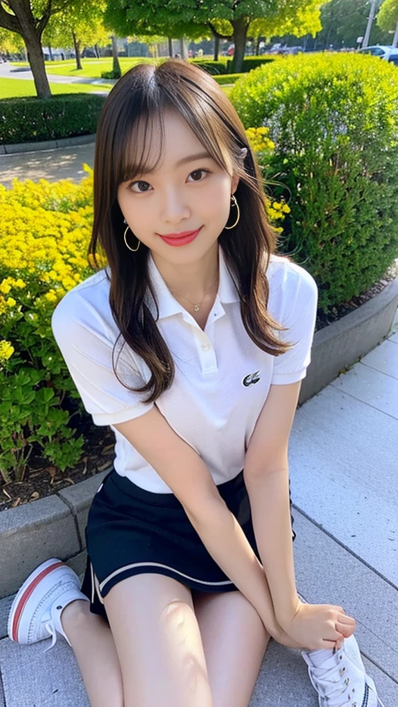 ((Wearing a polo shirt、mini skirt、White sneakers、Converse sneakers:1.2))、(8K、Highest quality、high resolution、High resolution、masterpiece:1.15)、One Woman、 Japanese girl、Japanese Model、((Full body photo、Photograph the whole body))、Pretty woman、Walking in the park in spring、A flowerbed with yellow rapeseed flowers in bloom、Perfect proportions、8th life、Tasteful dress、(Clear photos、RAW Photos:1.3)、Detailed face、Detailed eyes、Dark Brown Hair、Medium Hair、Delicate hair、Looking at me with a smile、Dark gray eyes、Perfect limbs、Anatomically correct、Sunny day in the park、Tokyo in April、((Canon EOS 5D Mark 4とSIGMA Art Lens 85mm F1.4 Shot with DG HSM lens、F-stop 2.4、iso 200、Shutter Speed 2000))、Beautiful feet、Medium breast、Lifelike skin texture、Beautiful Skin、Hair hanging in one ear、Direct your gaze this way、Japanese schoolgirl、e polo shirt、Short sleeve、Long Shot、((Depth))、Portrait、Realistic、Photorealistic、超high resolution、超High resolution、Beautiful teeth alignment、nice smile、Loose wavy hairstyle、Light hairstyle、Tasteful hair style、Woman walking on a park trail、Detailed nose、Detailed lips、Thin eyebrows、Glossy lips、Double eyelids、Thin arms、Beautiful hands、Five fingers、Tiffany Watches、Simple watches、Thin Necklace、Earrings、Natural Makeup、Light makeup、Thin face、Beautiful knees、Beautiful breast shape、Height is 170 cm、Narrow waist
