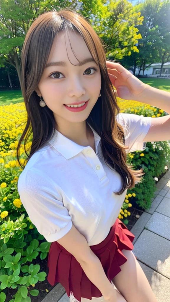 ((Wearing a polo shirt、mini skirt、White sneakers、Converse sneakers:1.2))、(8K、Highest quality、high resolution、High resolution、masterpiece:1.15)、One Woman、17 year old Japanese girl、Japanese Model、((Full body photo、Photograph the whole body))、Pretty woman、Walking in the park in spring、A flowerbed with yellow rapeseed flowers in bloom、Perfect proportions、8th life、Tasteful dress、(Clear photos、RAW Photos:1.3)、Detailed face、Detailed eyes、Dark Brown Hair、Medium Hair、Delicate hair、Looking at me with a smile、Dark gray eyes、Perfect limbs、Anatomically correct、Sunny day in the park、Tokyo in April、((Canon EOS 5D Mark 4とSIGMA Art Lens 85mm F1.4 Shot with DG HSM lens、F-stop 2.4、iso 200、Shutter Speed 2000))、Beautiful feet、Medium breast、Lifelike skin texture、Beautiful Skin、Hair hanging in one ear、Direct your gaze this way、Japanese schoolgirl、Lacoste polo shirt、Short sleeve、Long Shot、((Depth))、Portrait、Realistic、Photorealistic、超high resolution、超High resolution、Beautiful teeth alignment、nice smile、Loose wavy hairstyle、Light hairstyle、Tasteful hair style、Woman walking on a park trail、Detailed nose、Detailed lips、Thin eyebrows、Glossy lips、Double eyelids、Thin arms、Beautiful hands、Five fingers、Tiffany Watches、Simple watches、Thin Necklace、Earrings、Natural Makeup、Light makeup、Thin face、Beautiful knees、Beautiful breast shape、Height is 170 cm、Narrow waist