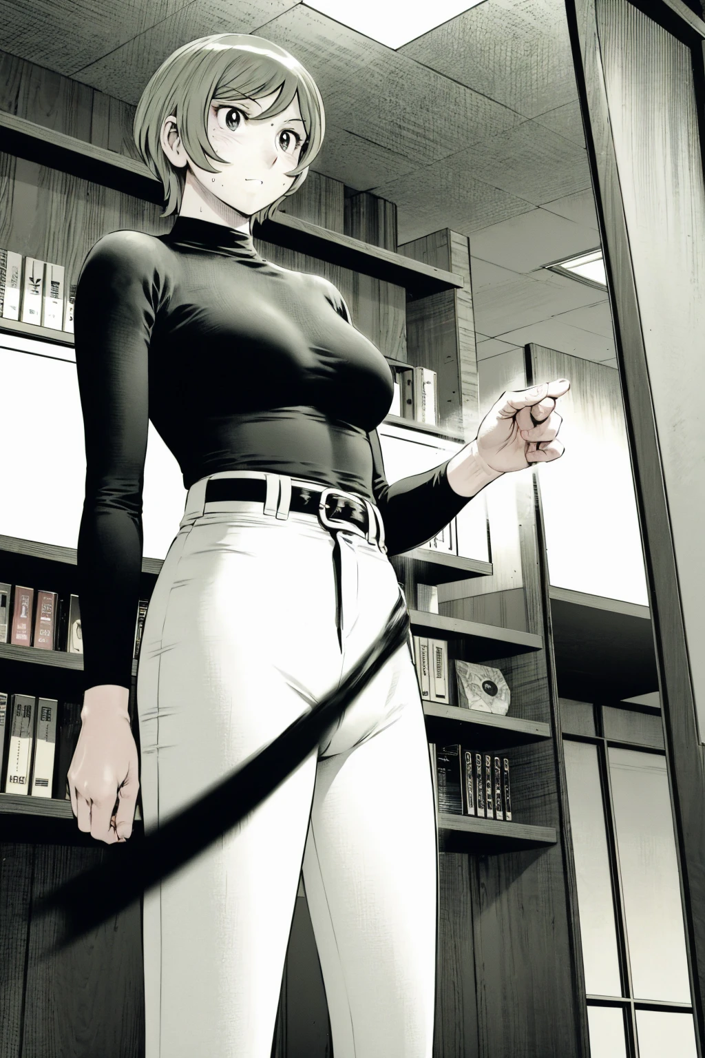 、(masterpiece、Highest quality)、Highest quality, Ultra-high resolution, (((masterpiece))), alone, Sweat、Big eyes,Tight black shirt、Tight white pants、belt、indoor、Composition from the front、（後ろCut your hair short、short hair、blonde、woman）、Shortcuts、Embarrassed face、Cut your hair short、可愛いwomanの子、Big Breasts、office